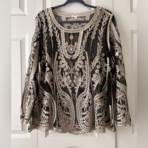 Ultra Pink sheer translucent top in black with silver embroidery